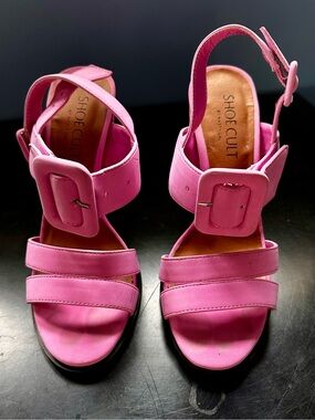 Nasty Gal Pink Buckle Block Heel Sandals